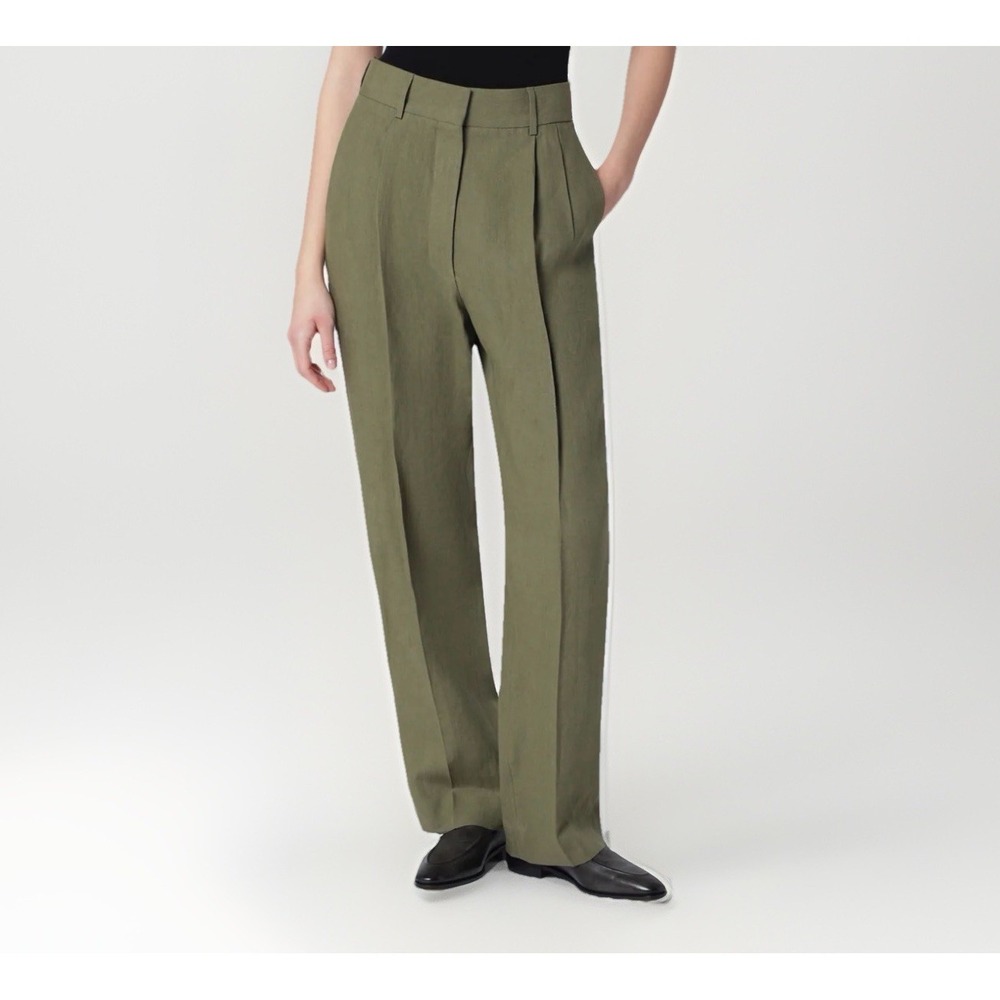BLAZÉ MILANO Fox Pleated Linen Straight Leg Pants Olive Green Women's Size 00